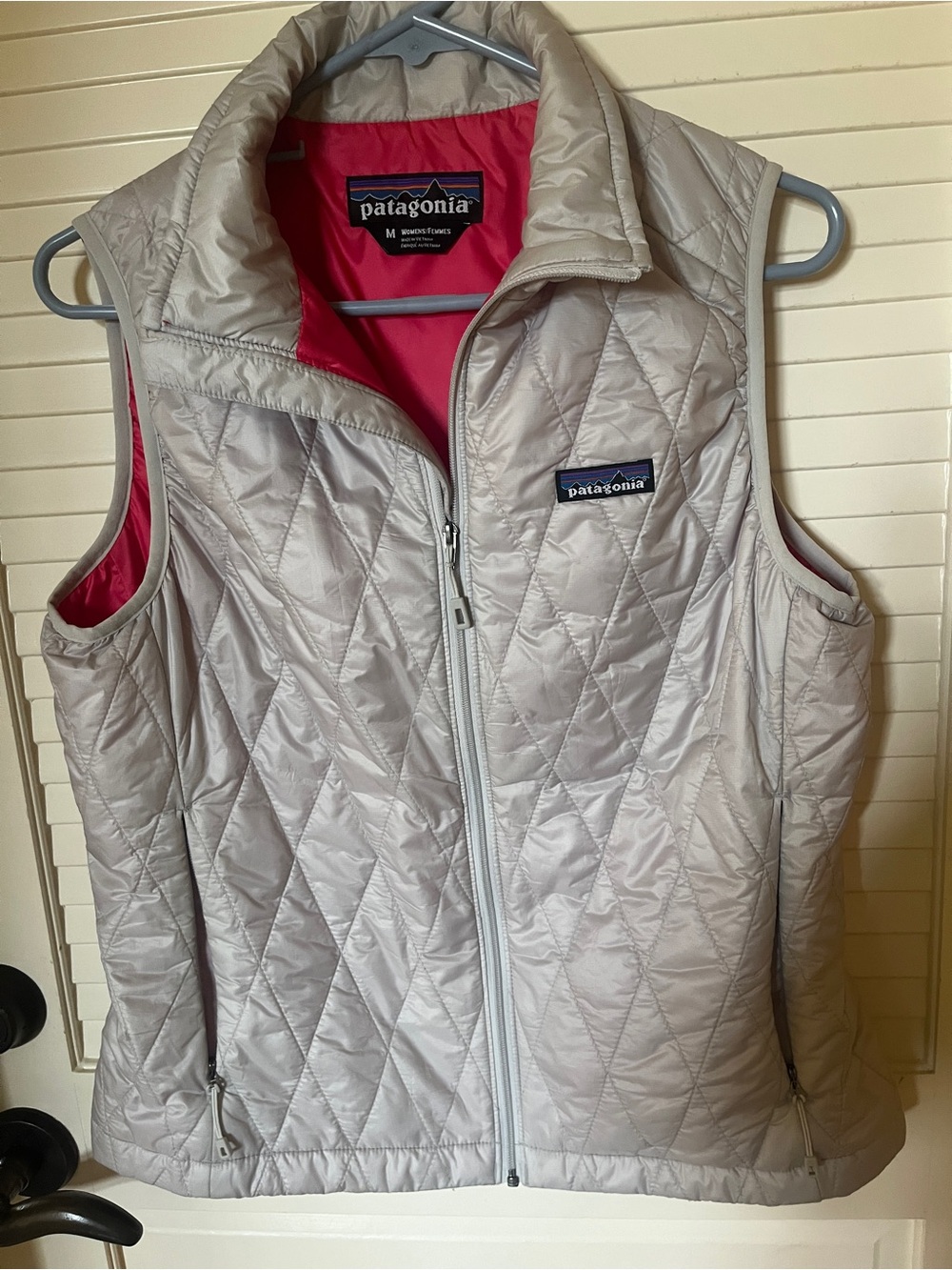 Patagonia Women's Quilted Vest in Light Gray with Pink Lining